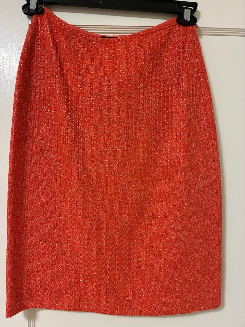 St. John Coral-Red Metallic Tweed Pencil Skirt